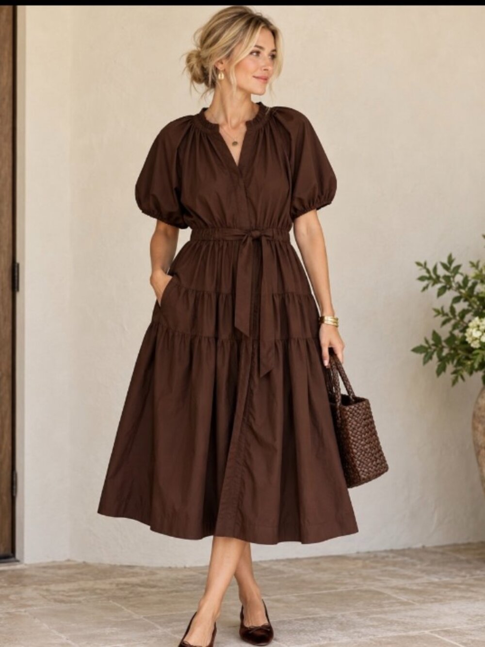 Free Assembly chocolate brown cotton midi dress pockets boho western fall Med